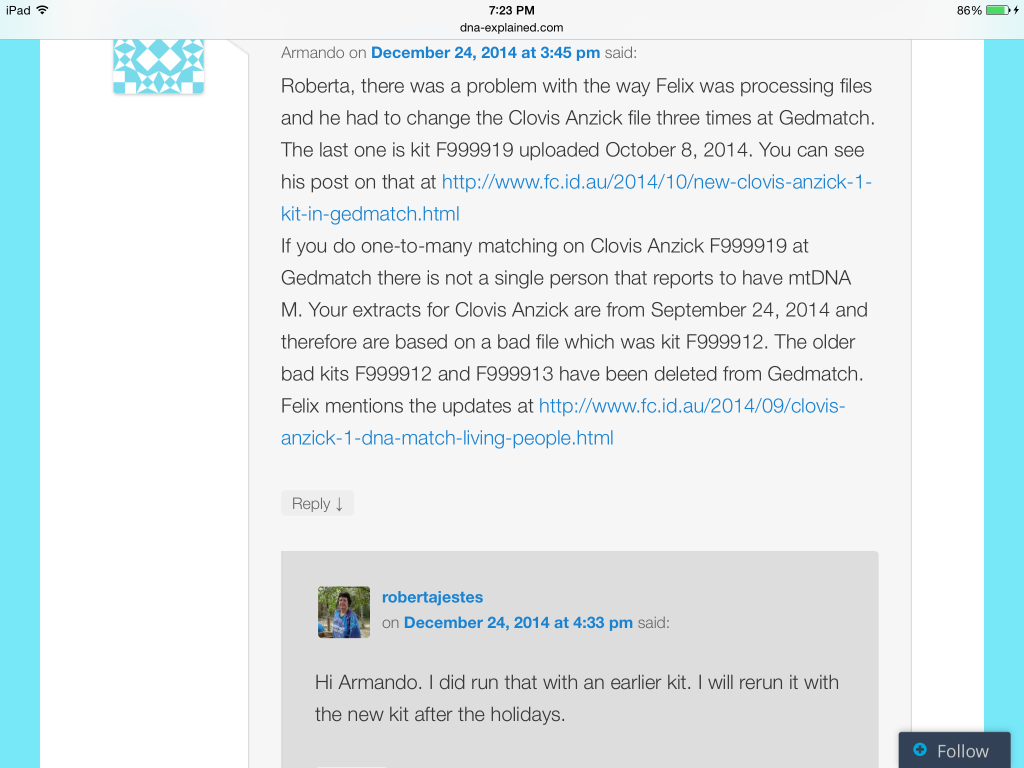 Roberta Estes admission that she did not use the correct Clovis Gedmatch number for her 12/7/14 blog update